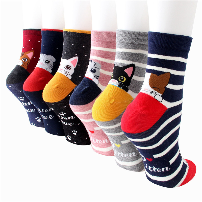 growing buyer women Striped Cartoon Socks Autumn Winter Colorful Cat Face Cotton Sock Ladies Female Funny Animal Cotton Sock 