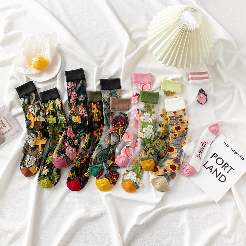 personalized tags France Hipster Design Glass Silk Floral Bird Funny Socks women Transparent Streetwear Art Sokken Jacquard 