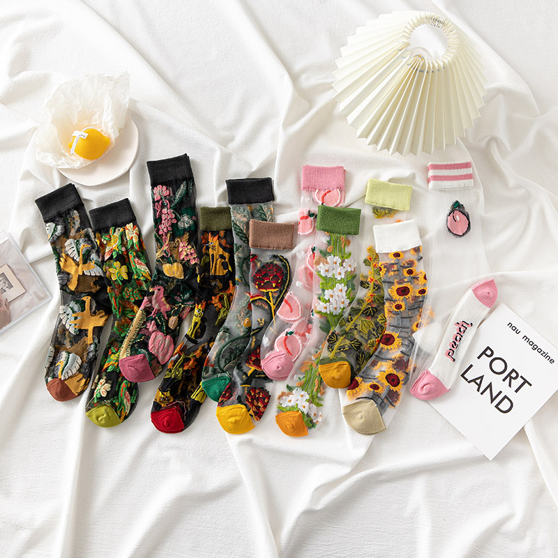 personalized tags France Hipster Design Glass Silk Floral Bird Funny Socks women Transparent Streetwear Art Sokken Jacquard 