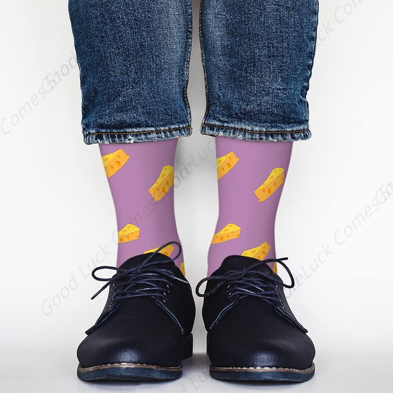 Low-cost Cheese Funny Socks Dairy Food Snack Gourmet Cheddar Novelty Casual Crew Socks Contrast Color Design for women 