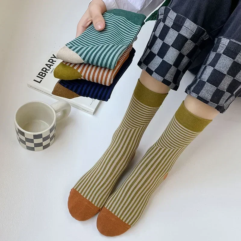 Size Customization Multicolor Striped Casual women Socks Korean Fashion Retro Harajuku Woman Socks College Style Cotton Girls 
