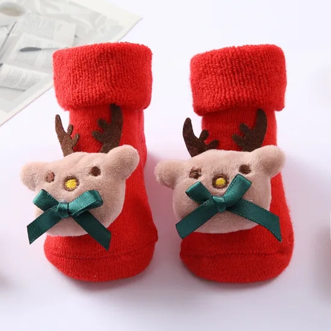 D Cartoon Christmas Thick Red Infant Winter Anti Slip Baby Socks