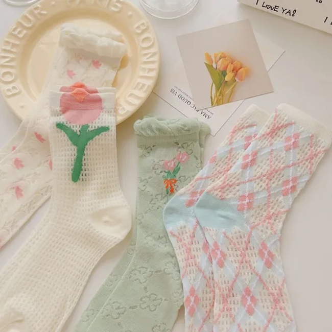 Women Flower Preppy Style Trendy Popular Dress Cute Mesh Crew Socks