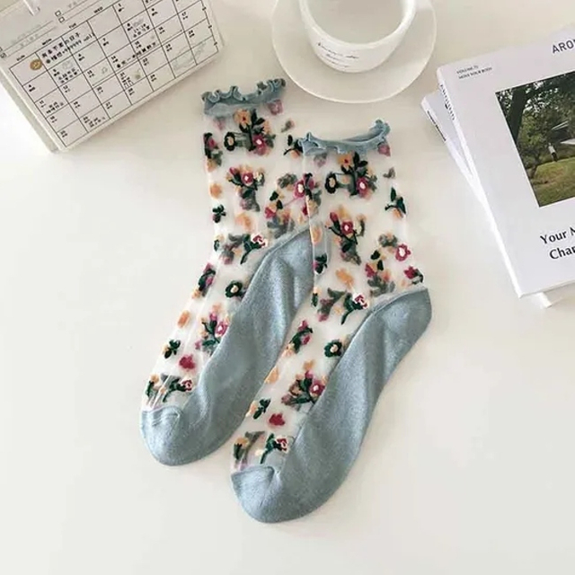 Transparent MID-Calf Socks, Women′s Crystal Socks, Ultra-Thin, Popular Women′s Socks for Spring and Summer, Korean-Style Flower Glass Fiber Cotton Socks