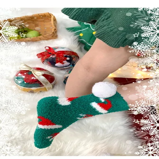 Christmas Gift Box Crystal Ball 2 Pairs Cute Cartoon Thickened Women′s Socks Bow Coral Velvet Home Floor Socks