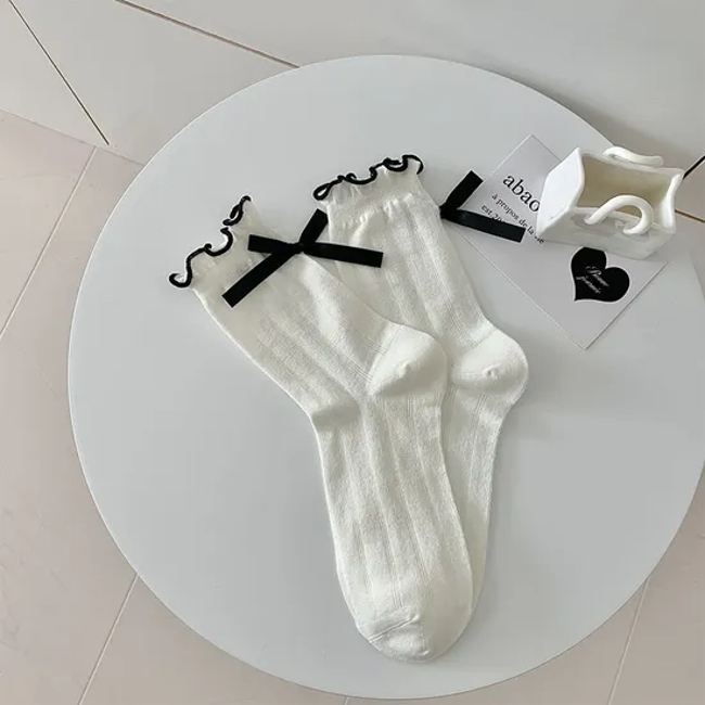 Summer Thin Mesh Breathable MID-Calf Socks Japanese Girls Ballet Style Heel Bow Stacked Socks