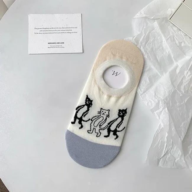 Socks Women Summer New Cool Cotton Black Cat Small Fresh Cartoon Bear Non-Slip Bottom Rubber Boat Socks Invisible Female Socks
