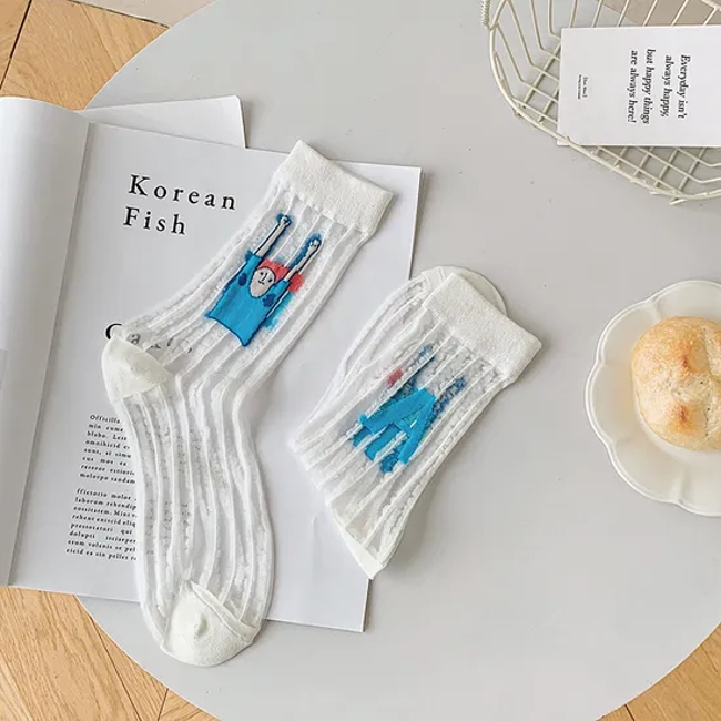 Socks Women′s Spring and Summer New Cartoon Character Graffiti Stripes Girls Wind Kasi Middle Cylinder Socks Cool Skin Transparent Glass Stockings Socks