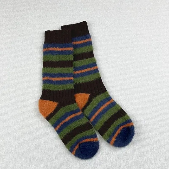 Winter Vintage Thick Line Color Contrast Mink Hair Crew Socks for Women