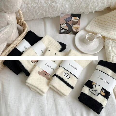 Autumn Winter Women s Mid Calf Socks Comfortable Warm Velvet Crew Length Thickened Cute Dog Print Soft Delicate Velvet