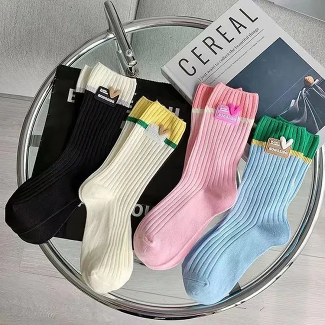Dopamine Color Wear Socks Women Cotton Double Needle Thin Summer Double Patchwork Color Matching MID Cylinder Tide Socks Niche Models Socks