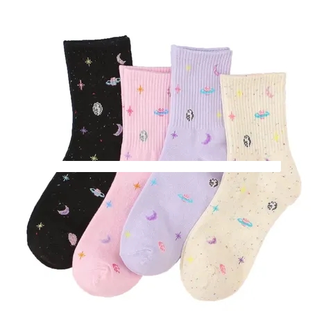 Wholesale floral moon star design yiwu custom logo warm women crew socks cute