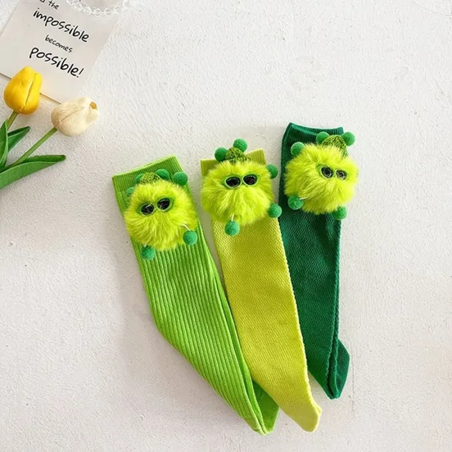 Doll Ins Hipster Baby Children′s MID Tube Socks Cute Hairball Doll Purple BV Green Cotton Runway Calf Socks