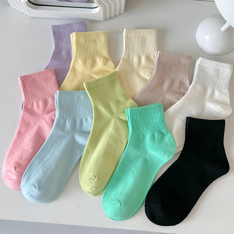 Boutique women s Solid Color Mid tube Socks Spring and Summer Thin Breathable Cotton Socks White Summer Candy 
