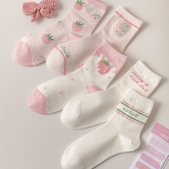 new arrival Spring Summer women Socks Female Pink Middle Tube Short Crew Socks Kawai Strawberry Milk Student Cute Strawberry 