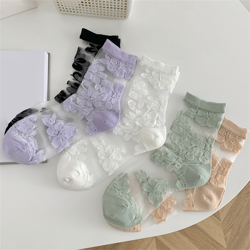 dropshipping Fashion Socks For women Style New Summer Soft Flower Transparent Socks Breathable Thin Soft Ladies Crew Socks 