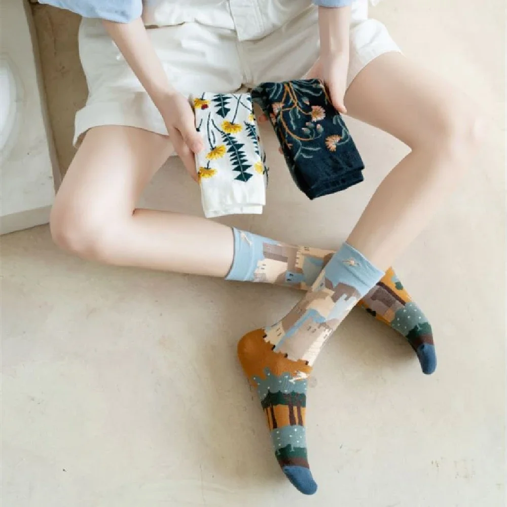 distributor Solid Color Medium Tube Socks for women s Fresh Smiling Face Pattern Simple Style Comfortable Breathable Girl 