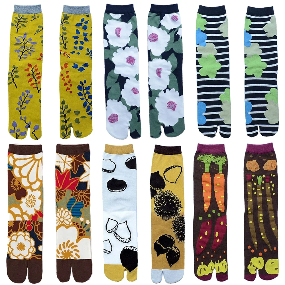 customizable Colorful Cartoon Combed Cotton women s Two Toe Socks Grapes Waves Carp Harajuku Funny Cute Sandals Tabi Socks 