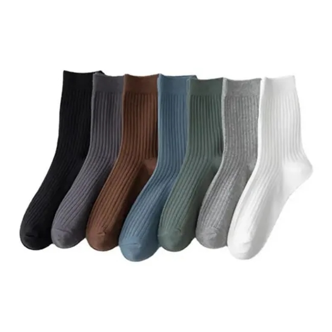 Solid Color Men′s Striped 100% Cotton Crew Socks