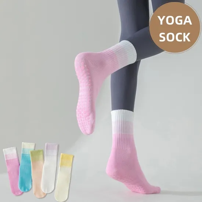 High Quality Cotton Tie Dye Silicone Grip Custom Design Logo Ruffle Anti Slip Middle Tube Crew Sports Socks Spring Women Fitness Dancing Pilates Yoga Socks