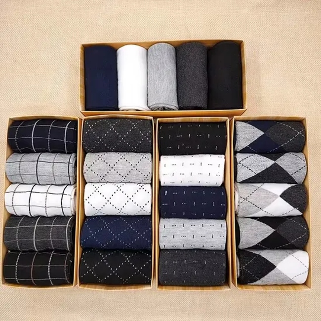 Wholesale 5 Pairs Plain Argyle Office Gift Box Business Men Dress Crew Logo Designer Custom Socks