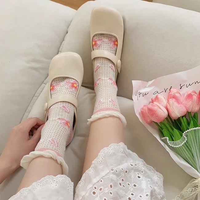 Women Flower Preppy Style Trendy Popular Dress Cute Mesh Crew Socks