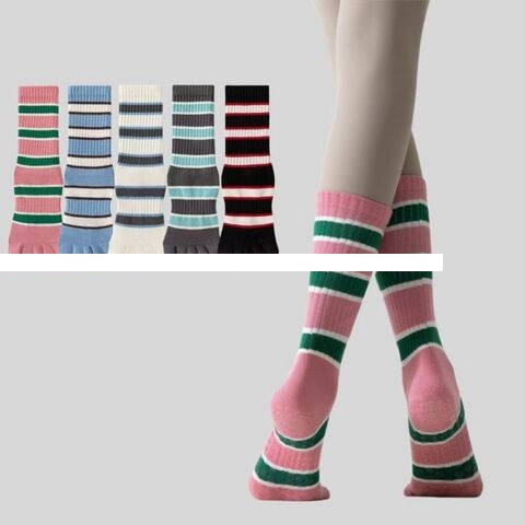 Factory stock in mid tube yoga socks non slip breathable high elastic cotton new five finger socks striped Pilates socks women
