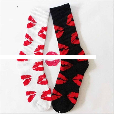 Fashion Cute Long Crew Sock Of Red Lip Kiss Pattern For Men Women Skate Hiphop Fixed Black And sox