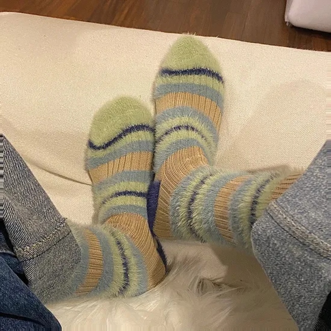 Couple Thick Line Pattern MID-Calf Socks Color Blocking Imitation Mink Autumn and Winter Warm Furry Thickened Long Socks