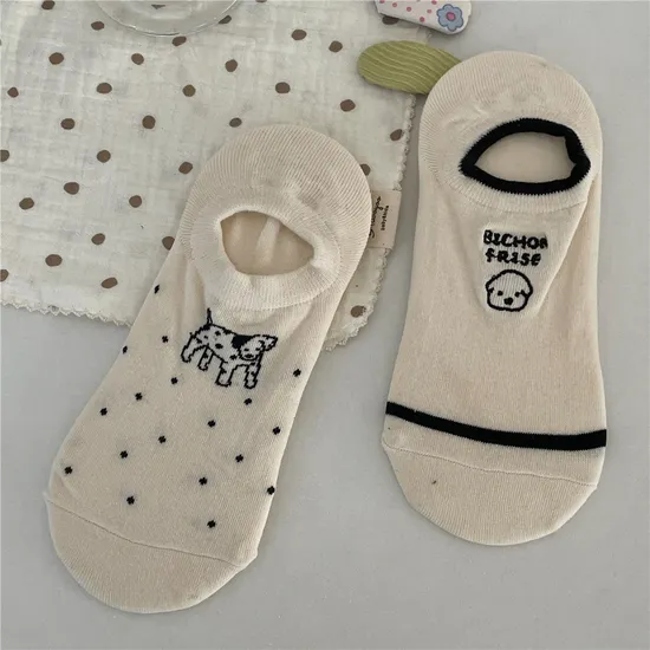 New Ok Dog Embroidery Boat Socks Non-Drop Heel Summer Women′s Breathable Short Socks College Style Casual Cotton Socks