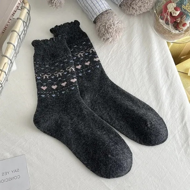 Autumn and Winter Wool Love Socks Women Fair Isle Elk Warm MID-Calf Japanese Bow Christmas Wind Thick Socks