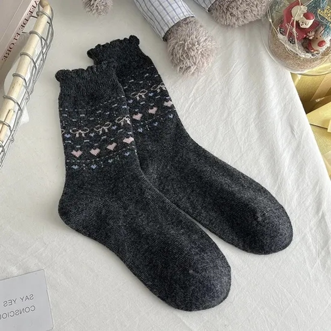 Autumn and Winter Wool Love Socks Women Fair Isle Elk Warm MID-Calf Japanese Bow Christmas Wind Thick Socks