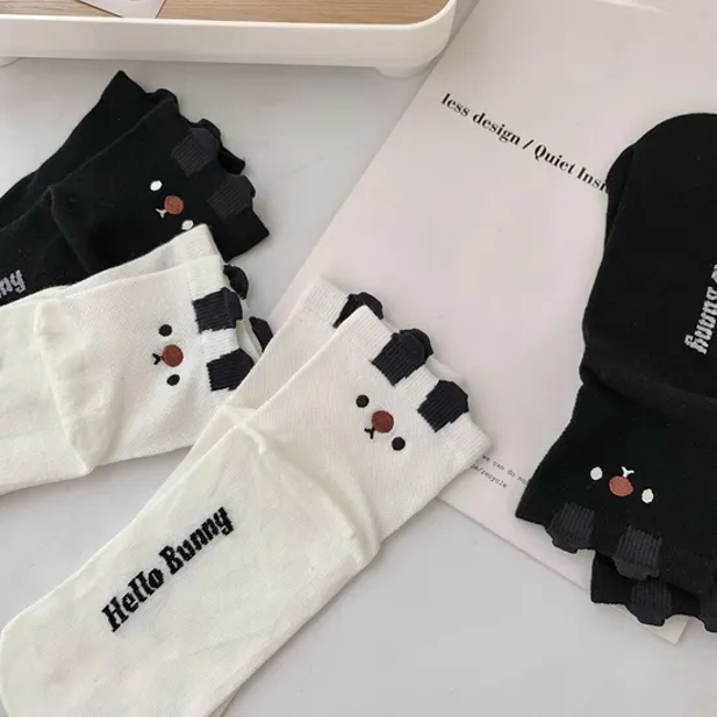 Mesh Socks Cartoon Socks Black and White Bunny Stereo Ears Underfoot Letters New Women′s Socks Cotton Socks