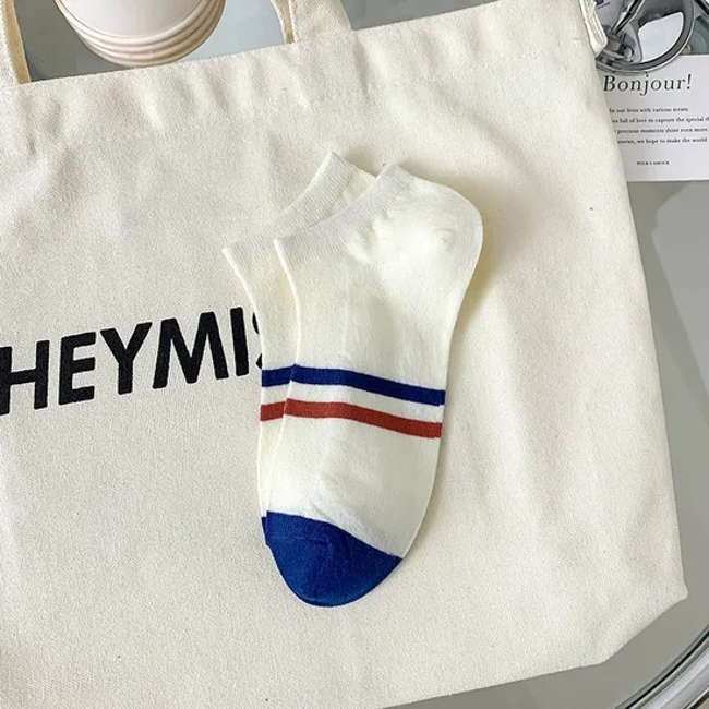 Boat Socks Non-Drop Heel Women′s Alphabet Mustard Green Blue Red Stripe College Style Retro Matching Color Combed Cotton Boat Socks Short Socks