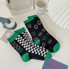 Customized Checkerboard Socks, Men′s and Women′s Pure Cotton Retro Green Sports Long Socks, Striped Smiling Face Combination Socks