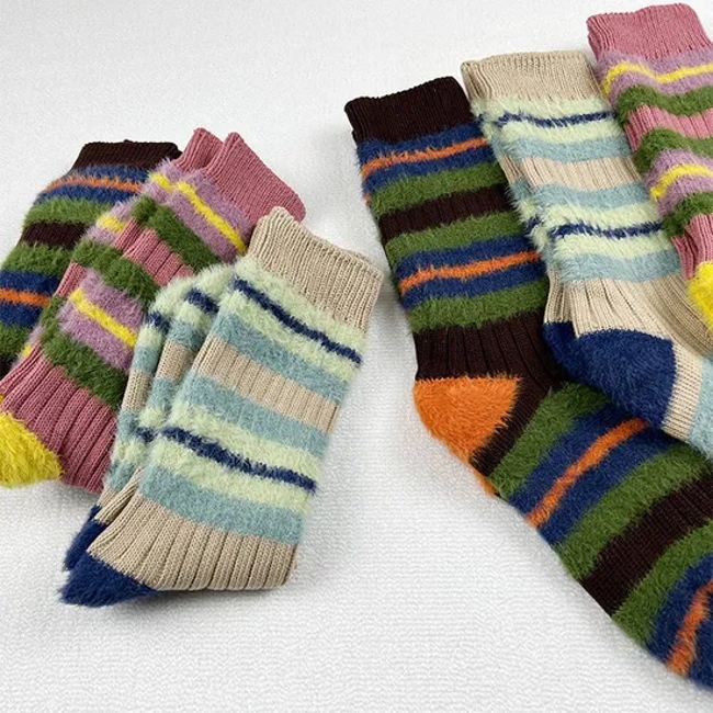 Winter Vintage Thick Line Color Contrast Mink Hair Crew Socks for Women