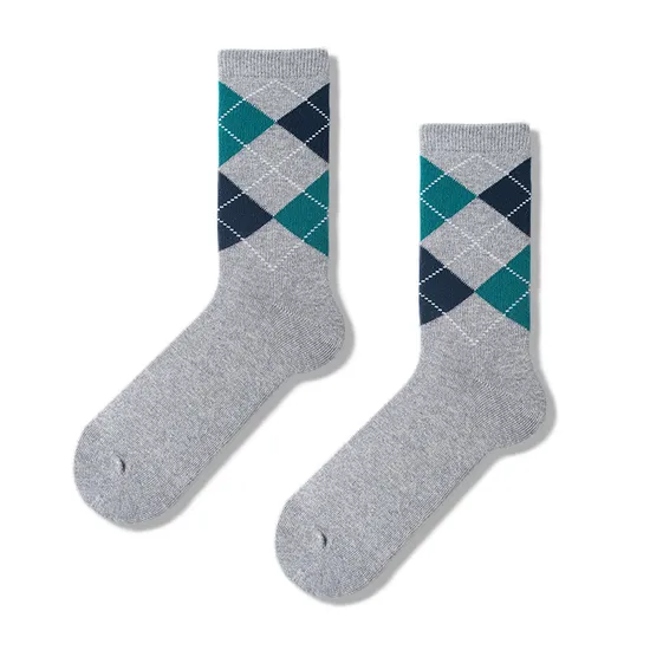 Fashion Diamond Boneless Business Men′s Socks MID-Tube Argyle Pattern Plain Cotton Socks
