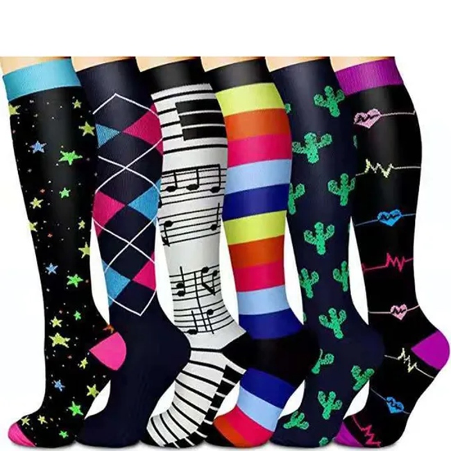 6 Pairs Pack Multi Prints Sports Compression Nylon Socks for Men and Women Circulation