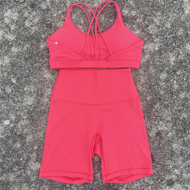 Good Value Solid Color Gym Bike Yoga Set Short Legging Cross Back Sport Bra pc Tracksuit Athletic Women Gym Suit Comprehensive 