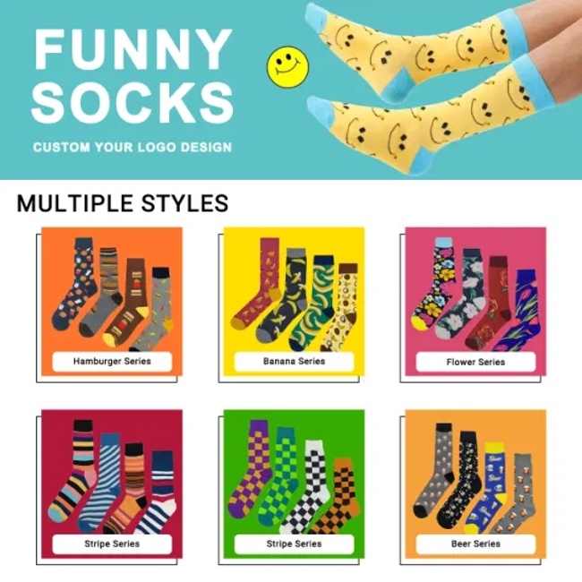 Free Sample Custom Men Cotton Socks Stocking Calcetines Happy Funny Crew Socks