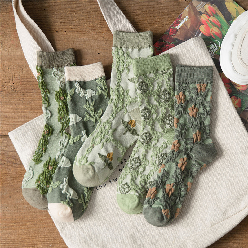 Domestic Brand Green Animal Cartoon Cute Socks Woman Socks New Fashion Flower Embroidery Harajuku Retro Crew Socks women 