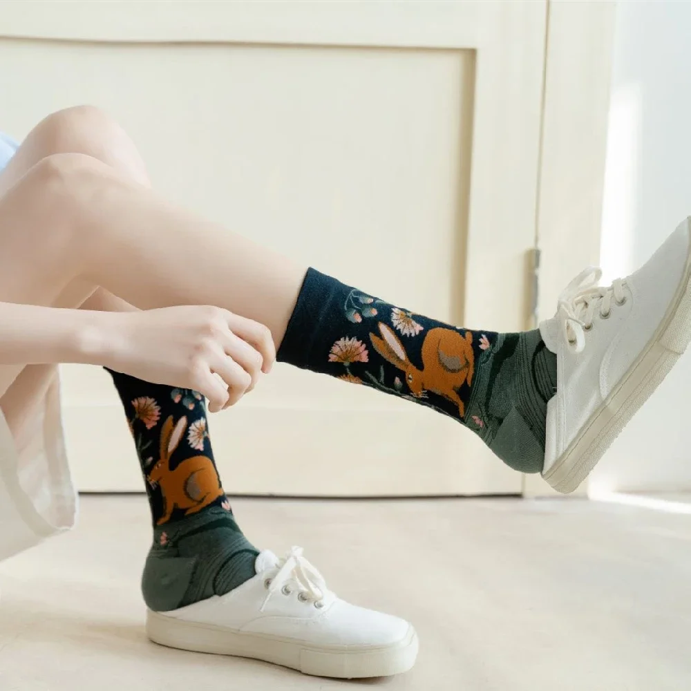 distributor Solid Color Medium Tube Socks for women s Fresh Smiling Face Pattern Simple Style Comfortable Breathable Girl 