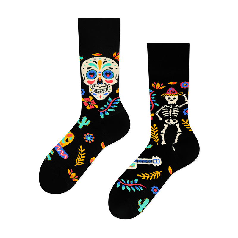 Private Label Pack Halloween Skeleton Sugar Skull Irregular AB Crew Socks Day of the Dead Retro Cotton Unisex Socks women 
