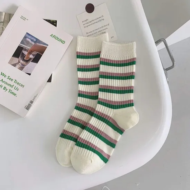 Men Women Unisex Gym Custom Embroidered Long Basic Vintage Ribbed Cable Knit Crew Work Dress Socks Black and White with Stripes