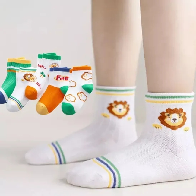 Baby Forest Lion Cartoon Knitted Kids Combed Cotton White Green Color Crew Short Seamless Socks