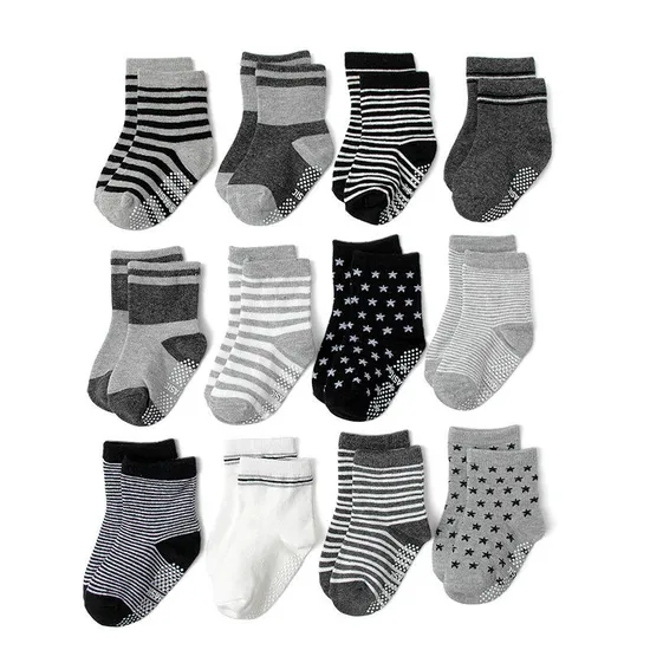 Young Children Kids Toddler Baby Black and White Body Warm Organic Cotton Soft Non Skid Slouch Quarter Grip Socks for Non Slip