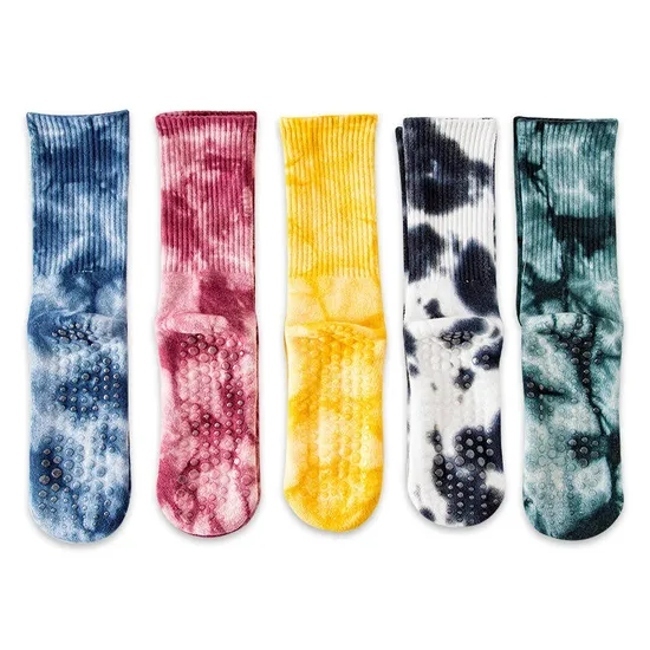 Custom Logo New Gradual Tie Dye Fashion MID Tube Yoga Socks Anti-Slip Women Sports Socks Fitness Pilates Crew Grip Socks