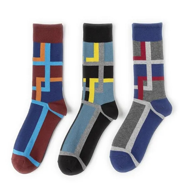 Customized Bamboo Business Man Socks Wholesale Happy Color Geometric 100 Bamboo Dress Crew Socks for Men