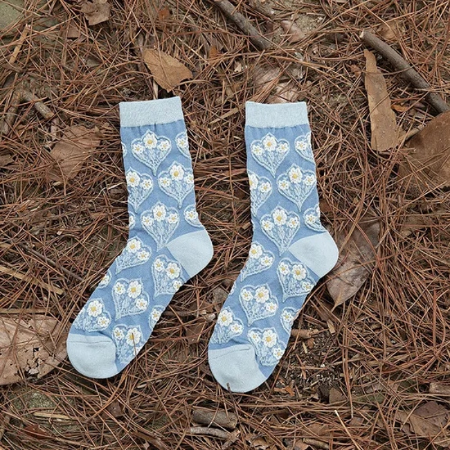 Breathable Anti-Oduor Vintage Blue Three-Dimensional Embossed Small Flower Elegant Fashion Literature Leisure Medium Long Socks