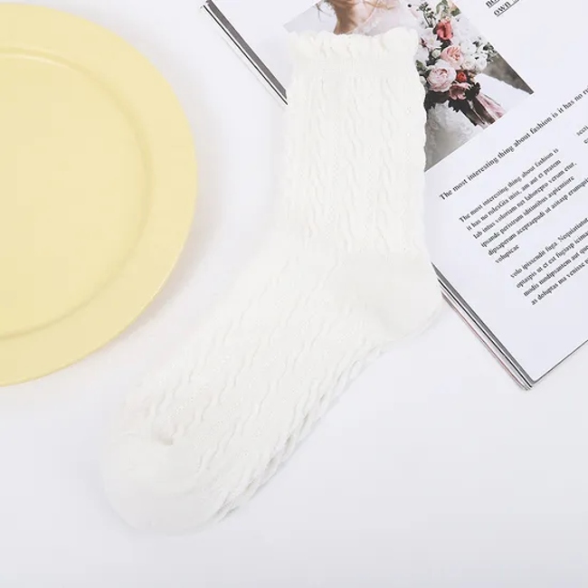 Socks Women′s Solid Color Bubble Mouth Twisted Dark Flower Socks Student Japanese Sweet Stacked Socks MID-Calf Socks